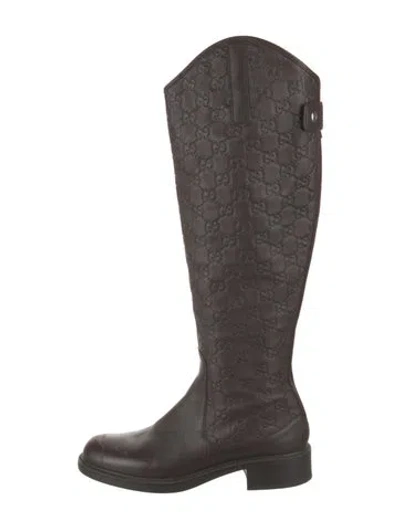 Pre-owned Gucci Gg Logo Leather Riding Boots In Brown