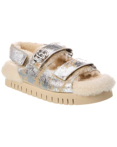 Gucci Gg Logo Leather Sandal In Silver