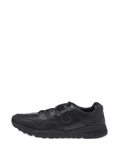 Pre-owned Gucci Gg Logo Leather Sneakers In Black