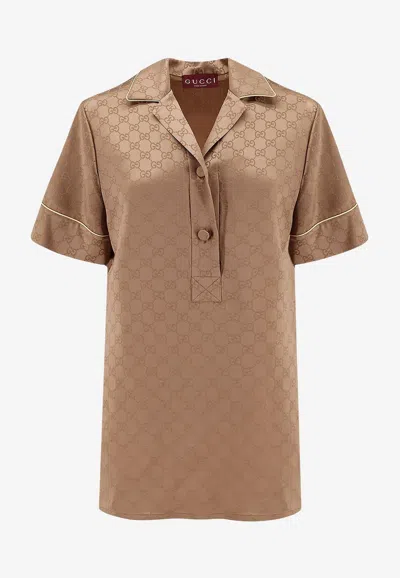 Gucci Beige Shirt With All-over Gg Motif In Satin Woman In Neutral