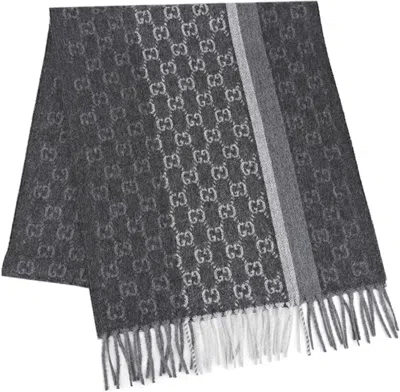 Pre-owned Gucci Gg Logo Scarf In Lead Gray
