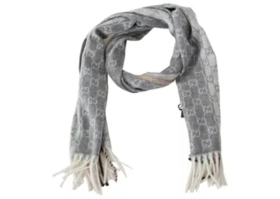 Pre-owned Gucci Gg Logo Scarf In Pearl Gray