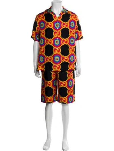 Pre-owned Gucci Gg Logo Silk Pajama Set In Black