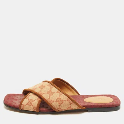 Pre-owned Gucci Gg Logo Size 39 Brown Canvas And Suede Crisscross Slide Sandals