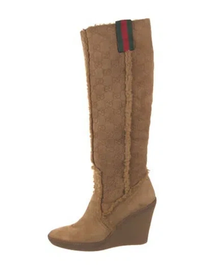Pre-owned Gucci Gg Logo Suede Boots In Brown