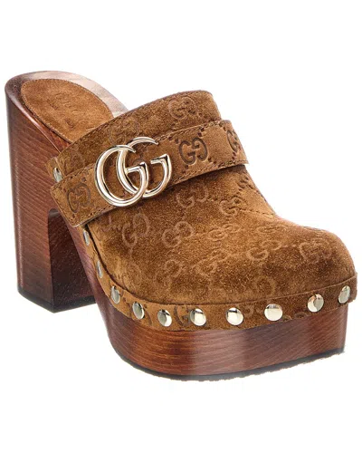 Gucci Gg Logo Suede Mule In Brown