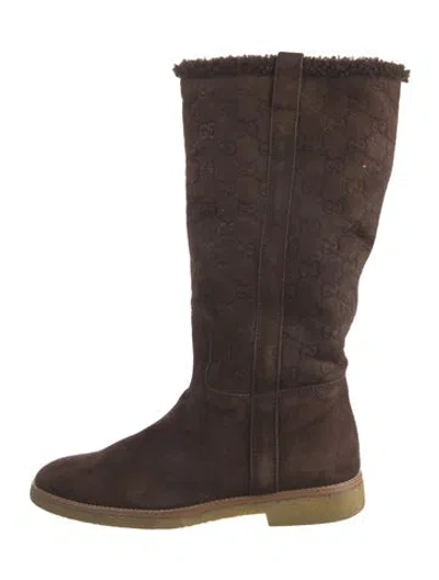 Pre-owned Gucci Gg Logo Suede Riding Boots In Brown