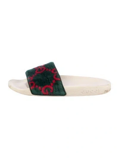 Pre-owned Gucci Gg Logo Terry Cloth Slides In Green