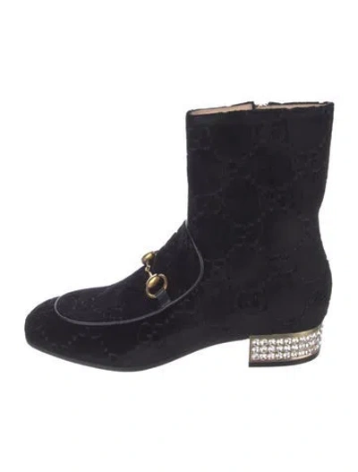 Pre-owned Gucci Gg Logo Velvet Combat Boots In Black