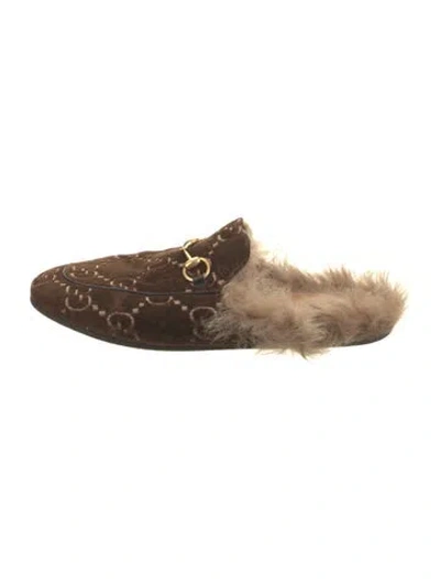 Pre-owned Gucci Gg Logo Velvet Mules In Brown