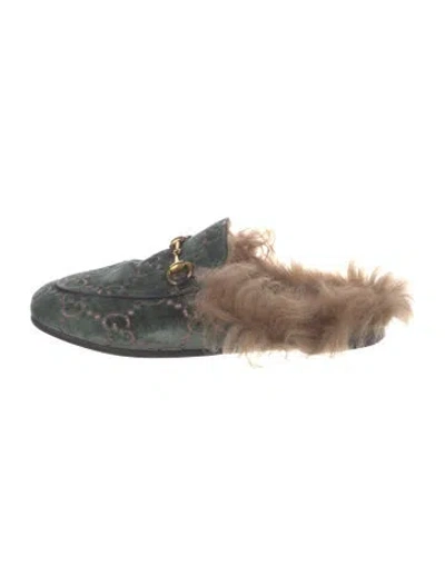 Pre-owned Gucci Gg Logo Velvet Mules In Green