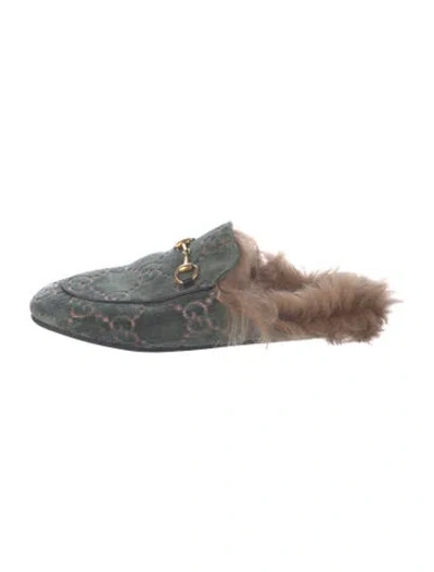 Pre-owned Gucci Gg Logo Velvet Mules In Green