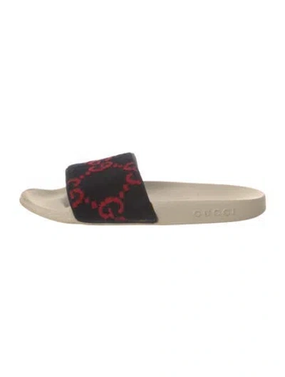Pre-owned Gucci Gg Logo Velvet Slides In Blue