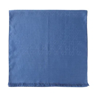 Pre-owned Gucci Gg Logo Wool And Silk Scarf 'blue' | Women's Size Onesize