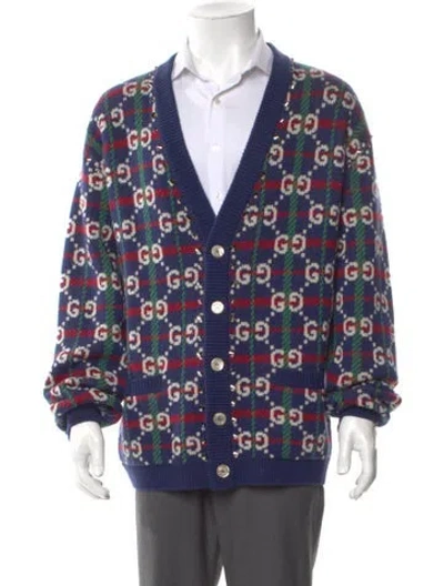 Pre-owned Gucci Gg Logo Wool Cardigan W/ Tags In Blue