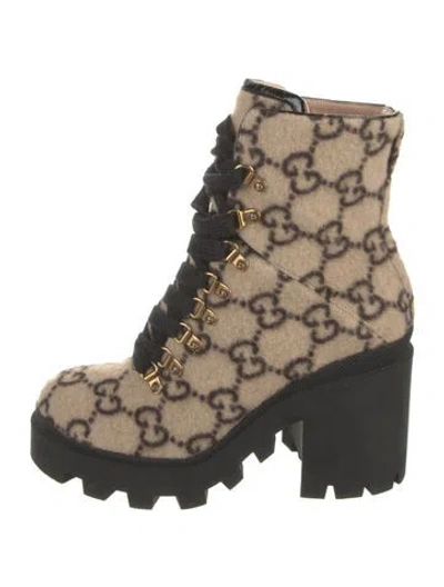 Pre-owned Gucci Gg Logo Wool Combat Boots In Brown