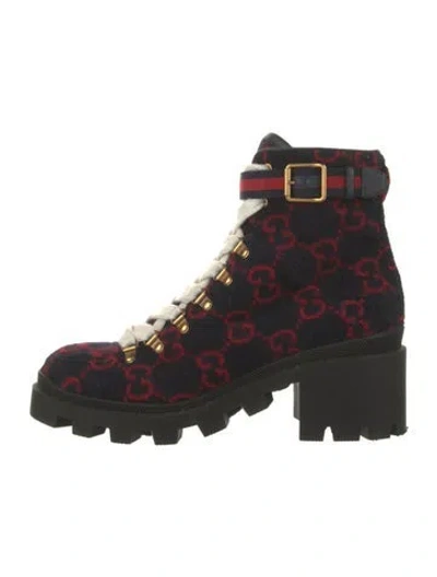 Pre-owned Gucci Gg Logo Wool Combat Boots In Multi