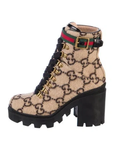Pre-owned Gucci Gg Logo Wool Combat Boots In Neutral