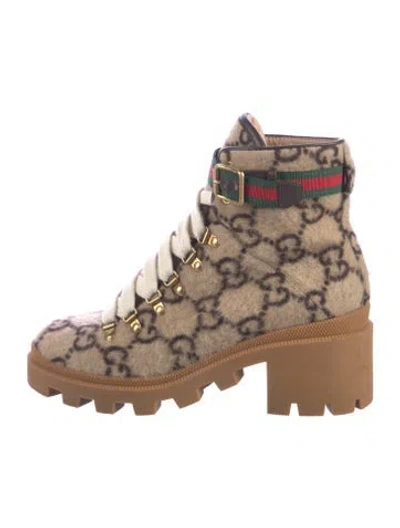 Pre-owned Gucci Gg Logo Wool Combat Boots In Neutrals