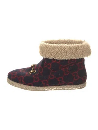 Pre-owned Gucci Gg Logo Wool Lace-up Boots In Blue