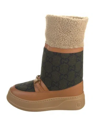 Pre-owned Gucci Gg Logo Wool Lace-up Boots In Brown