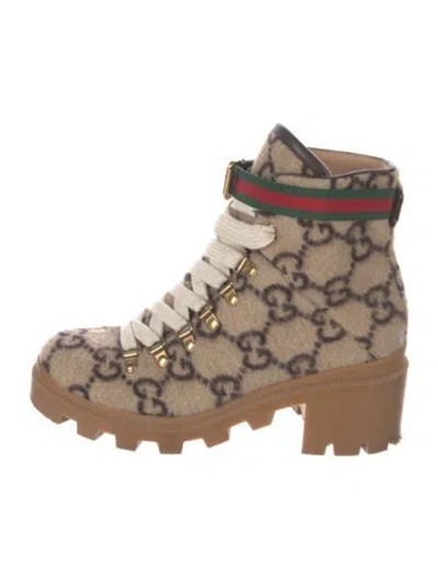 Pre-owned Gucci Gg Logo Wool Lace-up Boots In Neutrals