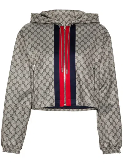 Gucci Womens Beige Ebony Mc Monogram-print Cropped Woven-blend Jacket