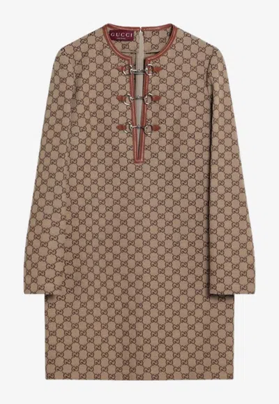 Gucci Cotton Blend Dress With All-over Gg Print In Brown