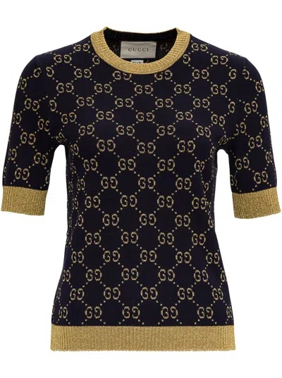 Gucci Gg Supreme Cotton & Lurex Knit Sweater In Blue,gold