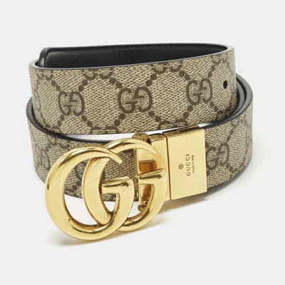 Pre-owned Gucci Gg Marmont 75 Cm Reversible Buckle Belt Beige/black Gg Supreme Canvas And Leather In Sand