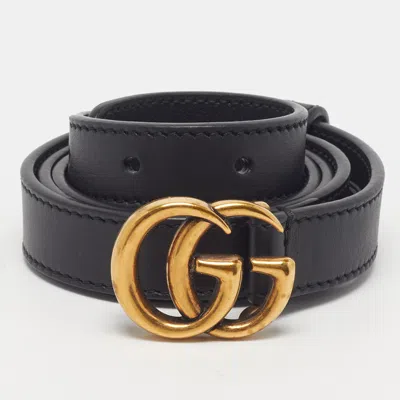 Pre-owned Gucci Gg Marmont 80 Cm Slim Buckle Belt Black Leather