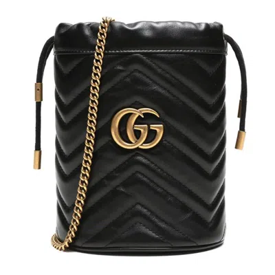 Gucci Crossbody Black Leather Bucket Bag With Logo In Multicolor