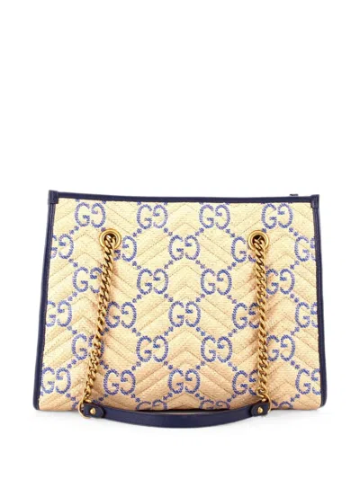 Pre-owned Gucci Gg Marmont Aria Chain Shopping Jumbo Gg Matelasse Raffia Medium Tote Bag In Blue