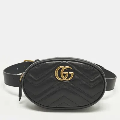 Pre-owned Gucci Gg Marmont Belt Mini Black Matelassé Leather Bag