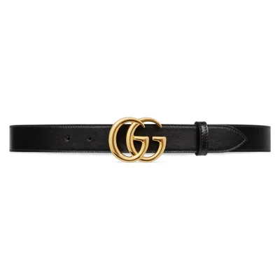 Gucci Gg Marmont Leather Belt With Shiny Buckle In Black