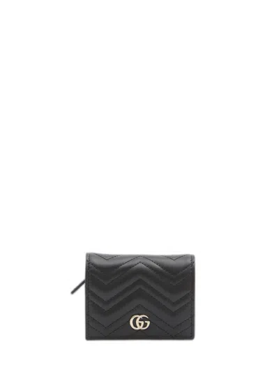 Gucci Gg Marmont Black Leather Card Case In Purple