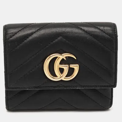Pre-owned Gucci Gg Marmont Black Matelassé Leather Trifold Wallet