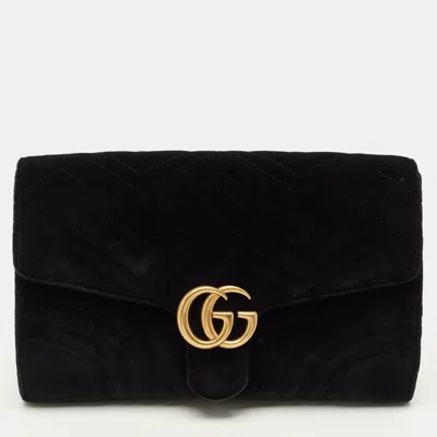 Pre-owned Gucci Gg Marmont Black Matelassé Velvet Clutch