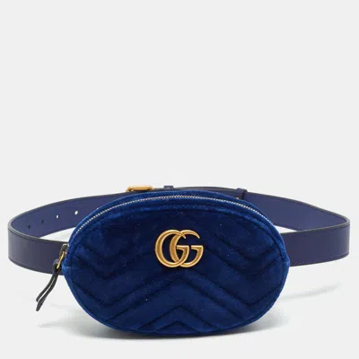 Pre-owned Gucci Gg Marmont Blue Matelassé Velvet Belt Bag