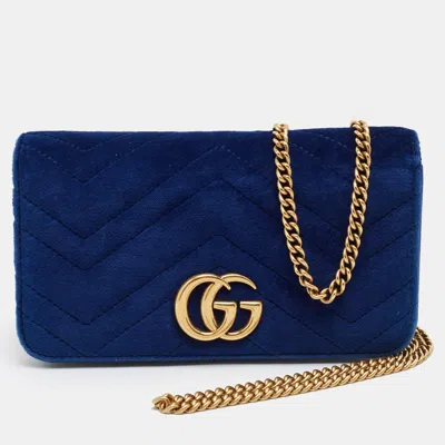 Pre-owned Gucci Gg Marmont Blue Matelasse Velvet Wallet On Chain