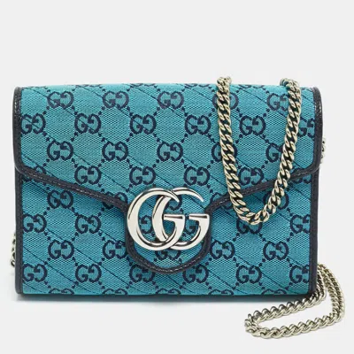 Pre-owned Gucci Gg Marmont Blue/black Gg Diagonal Quilt Canvas And Leather Wallet On Chain