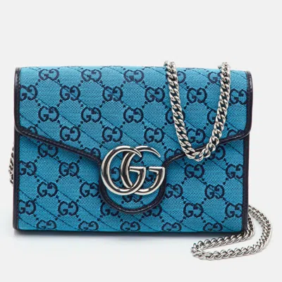 Pre-owned Gucci Gg Marmont Blue/navy Blue Diagonal Quilt Gg Canvas And Leather Wallet On Chain