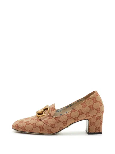 Pre-owned Gucci Gg Marmont Canvas Heeled Loafers In Neutrals