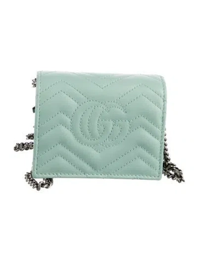 Pre-owned Gucci Gg Marmont Card Case Gg Logo Wristlet In Green
