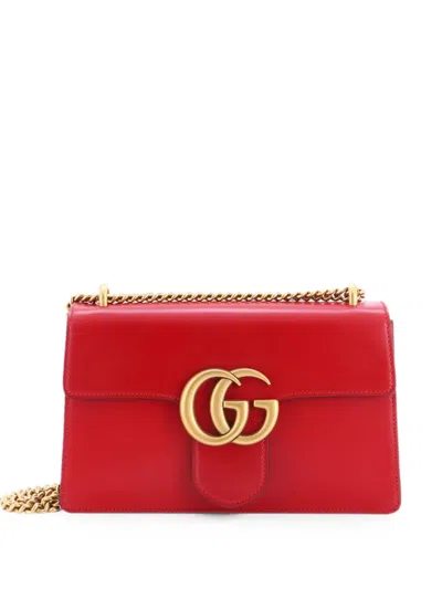 Pre-owned Gucci Gg Marmont Chain Leather Medium Shoulder Bag In Red