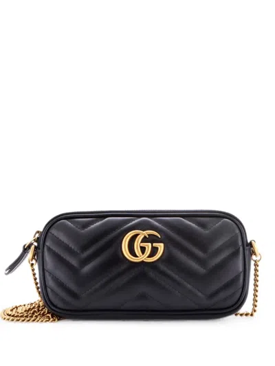 Pre-owned Gucci Gg Marmont Chain Matelasse Leather Mini Crossbody Bag In Black