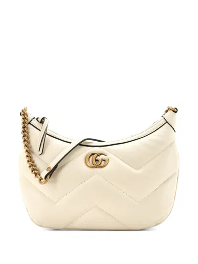 Pre-owned Gucci Gg Marmont Chain Moon Matelasse Leather Small Hobo Bag In Neutral