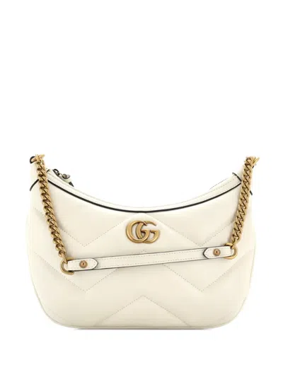 Pre-owned Gucci Gg Marmont Chain Moon Matelasse Leather Small Hobo Bag In White