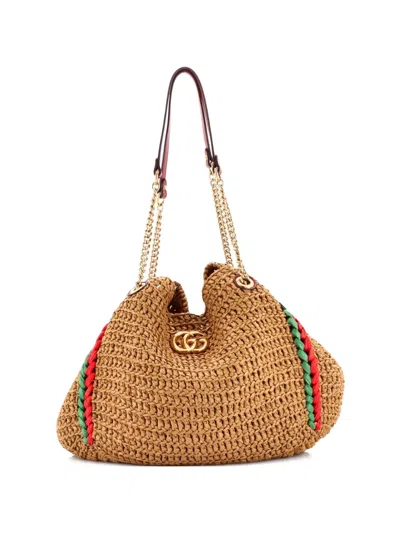 Pre-owned Gucci Gg Marmont Chain Raffia Large Tote Bag In Brown