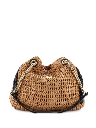 Pre-owned Gucci Gg Marmont Chain Raffia Small Tote Bag In Neutral